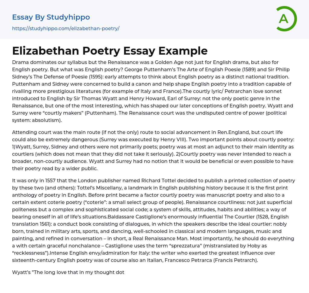 Elizabethan Poetry Essay Example