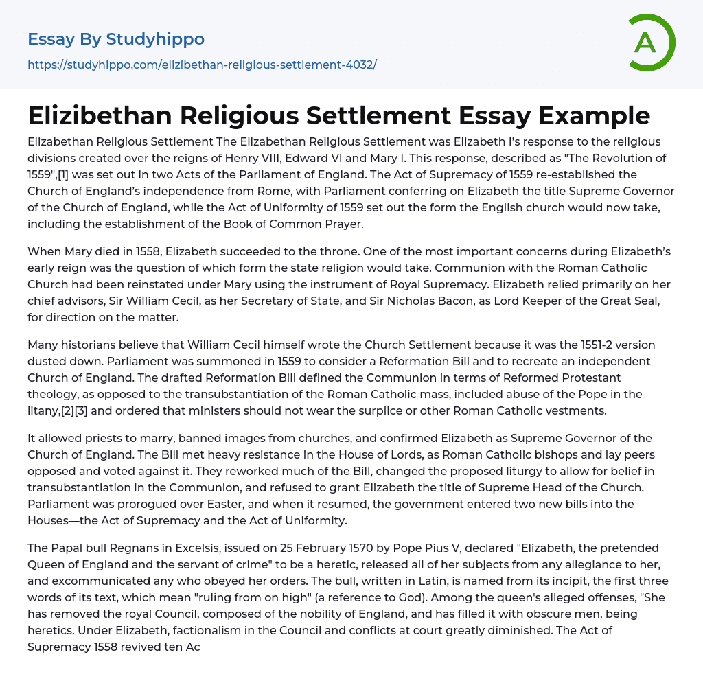 Elizibethan Religious Settlement Essay Example