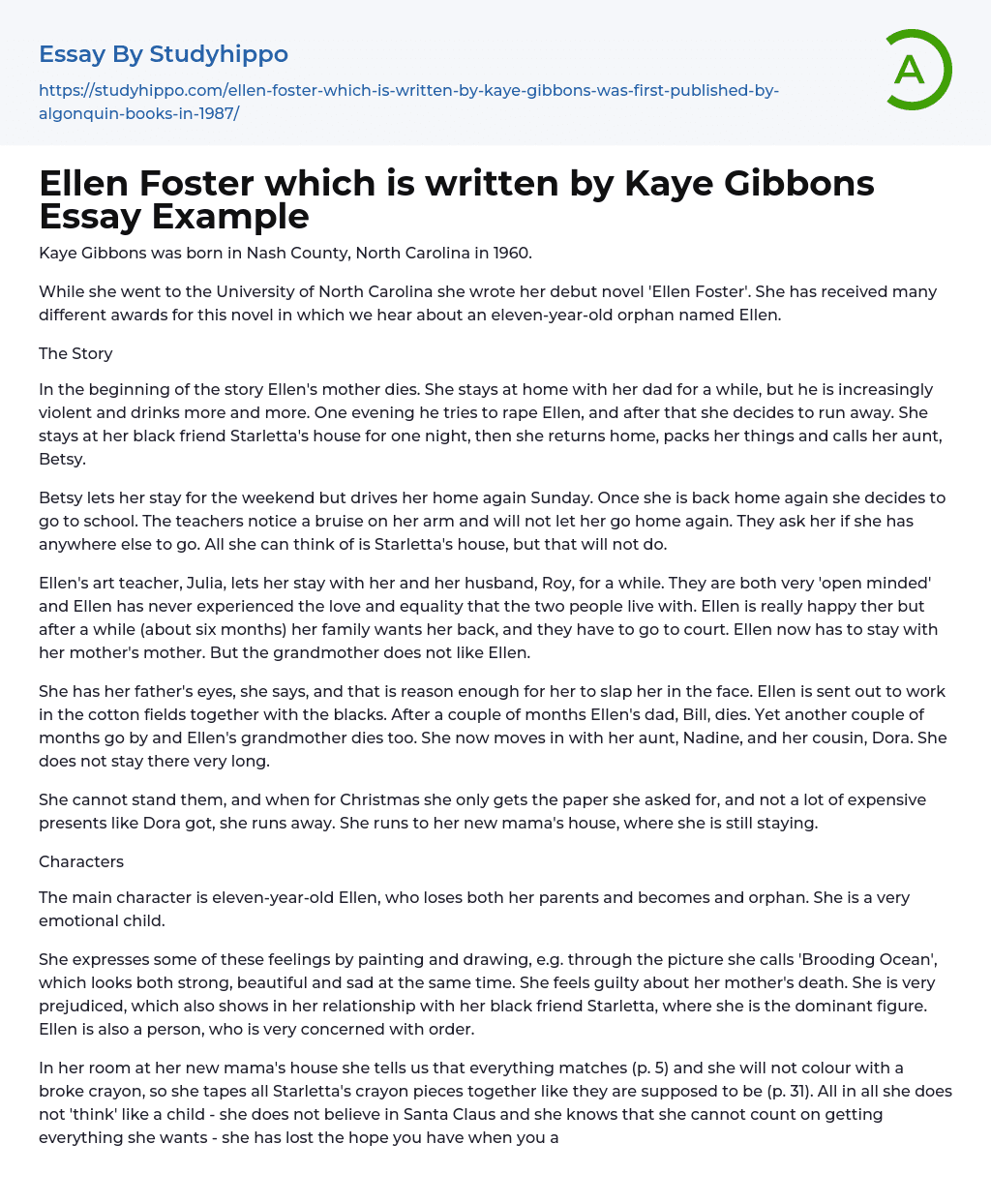 Ellen Foster which is written by Kaye Gibbons Essay Example