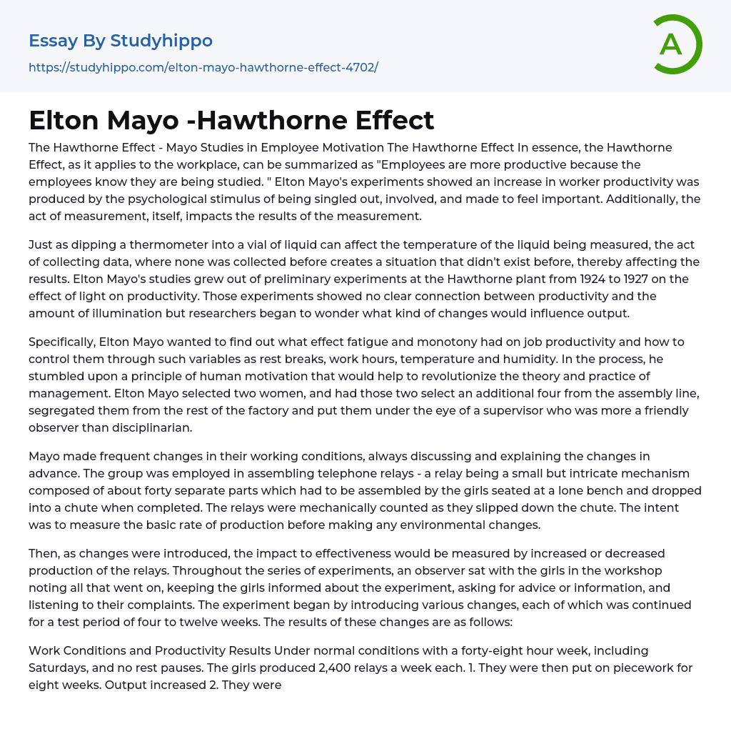 Elton Mayo -Hawthorne Effect Essay Example