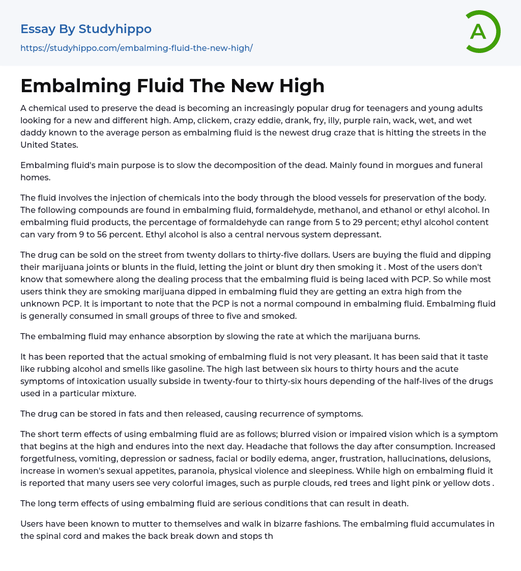 Embalming Fluid The New High Essay Example