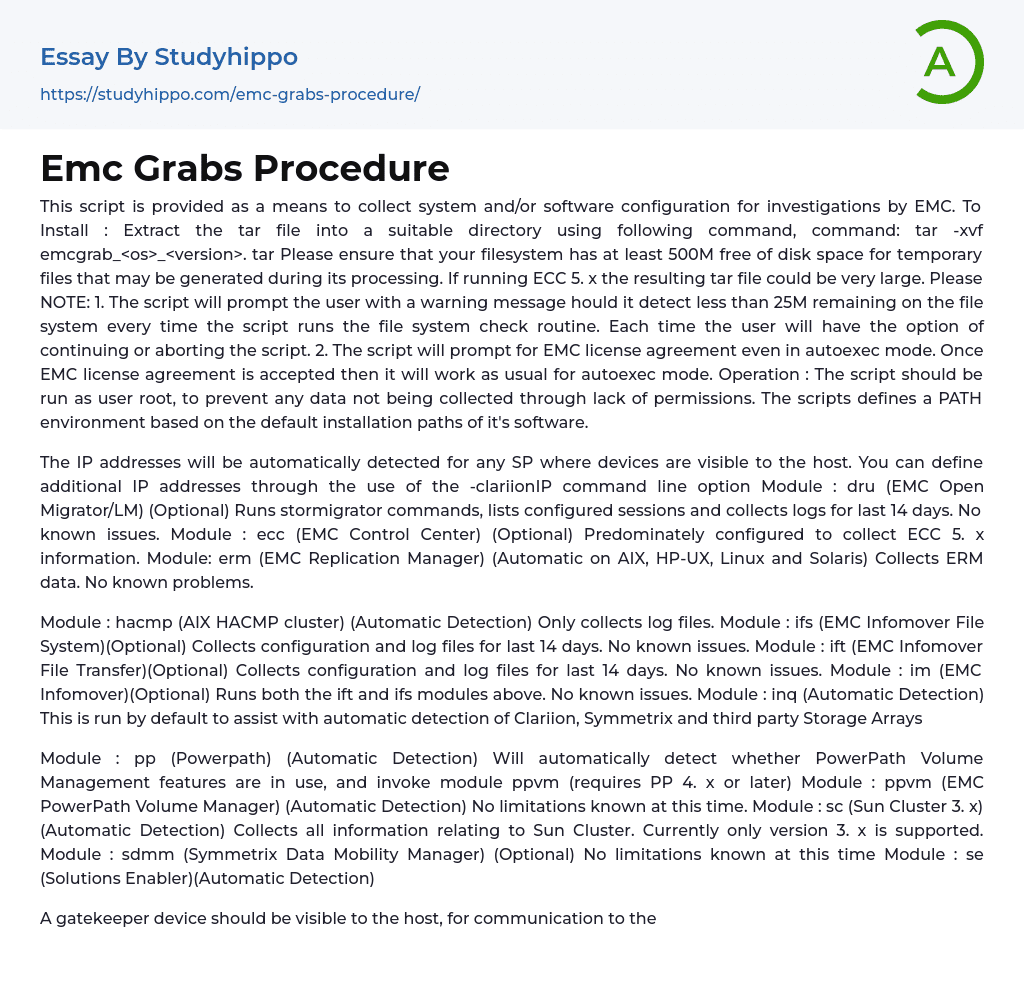 Emc Grabs Procedure Essay Example