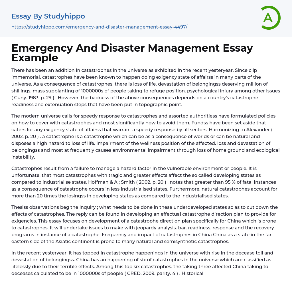 Emergency And Disaster Management Essay Example