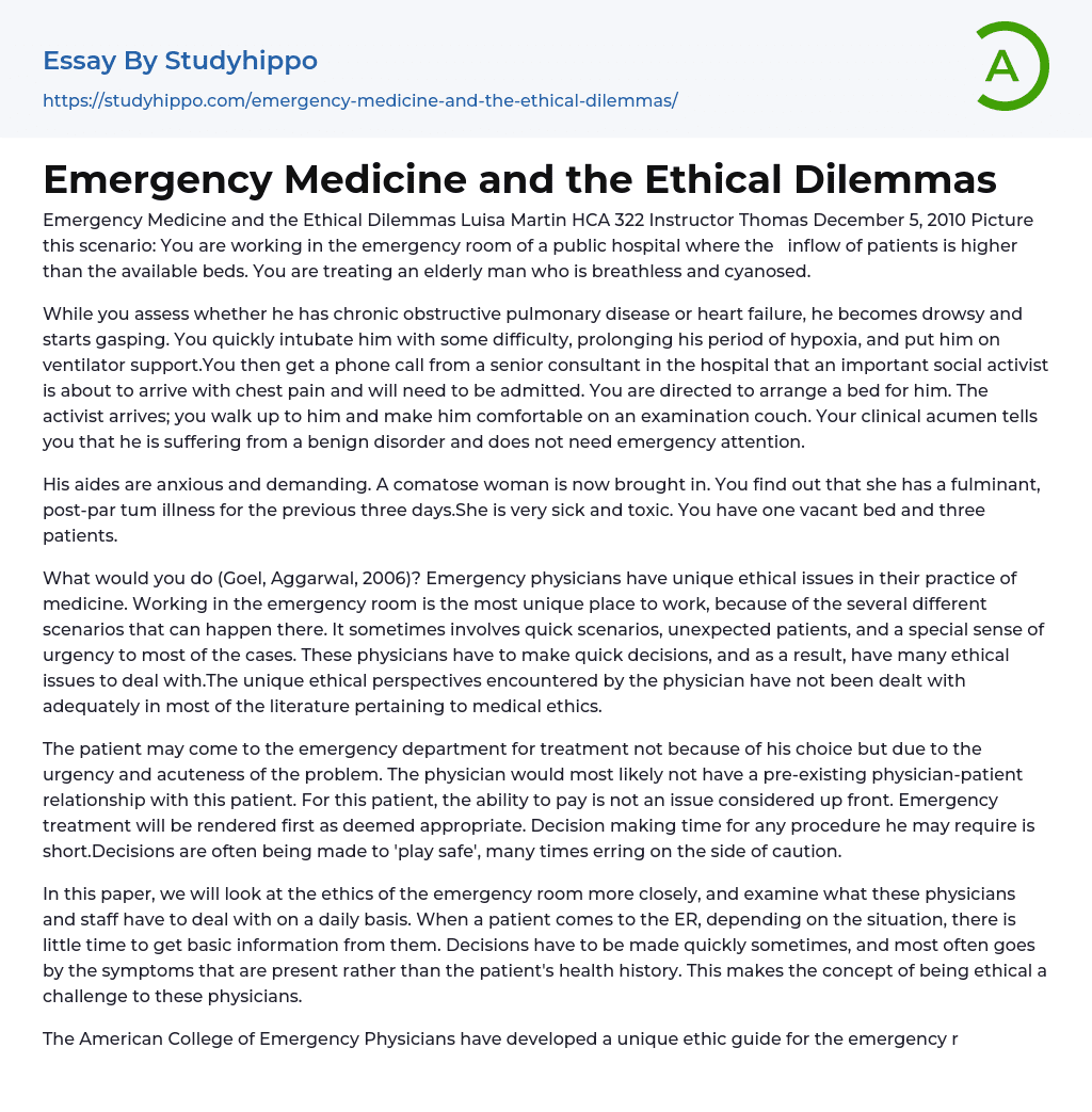 Emergency Medicine and the Ethical Dilemmas Essay Example