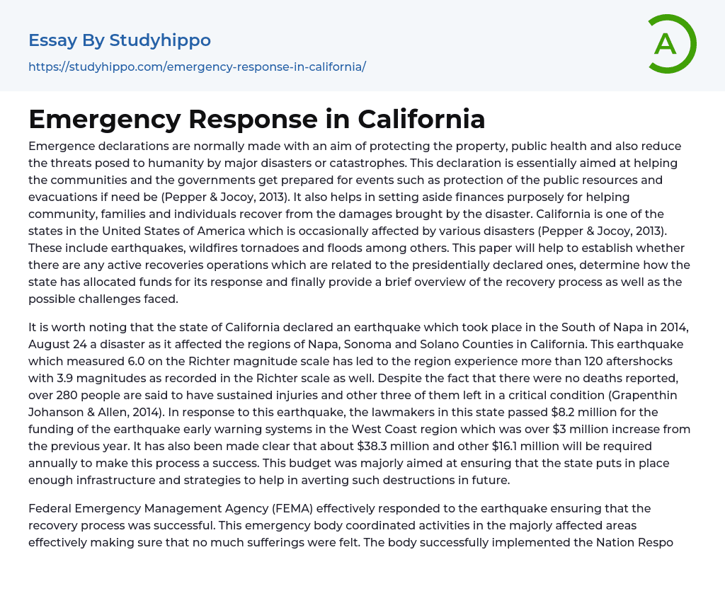 Emergency Response in California Essay Example