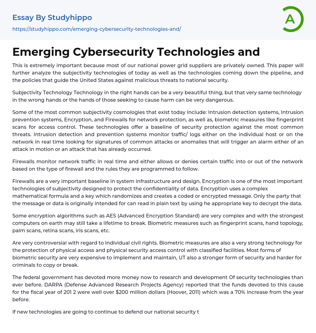 Emerging Cybersecurity Technologies and Essay Example