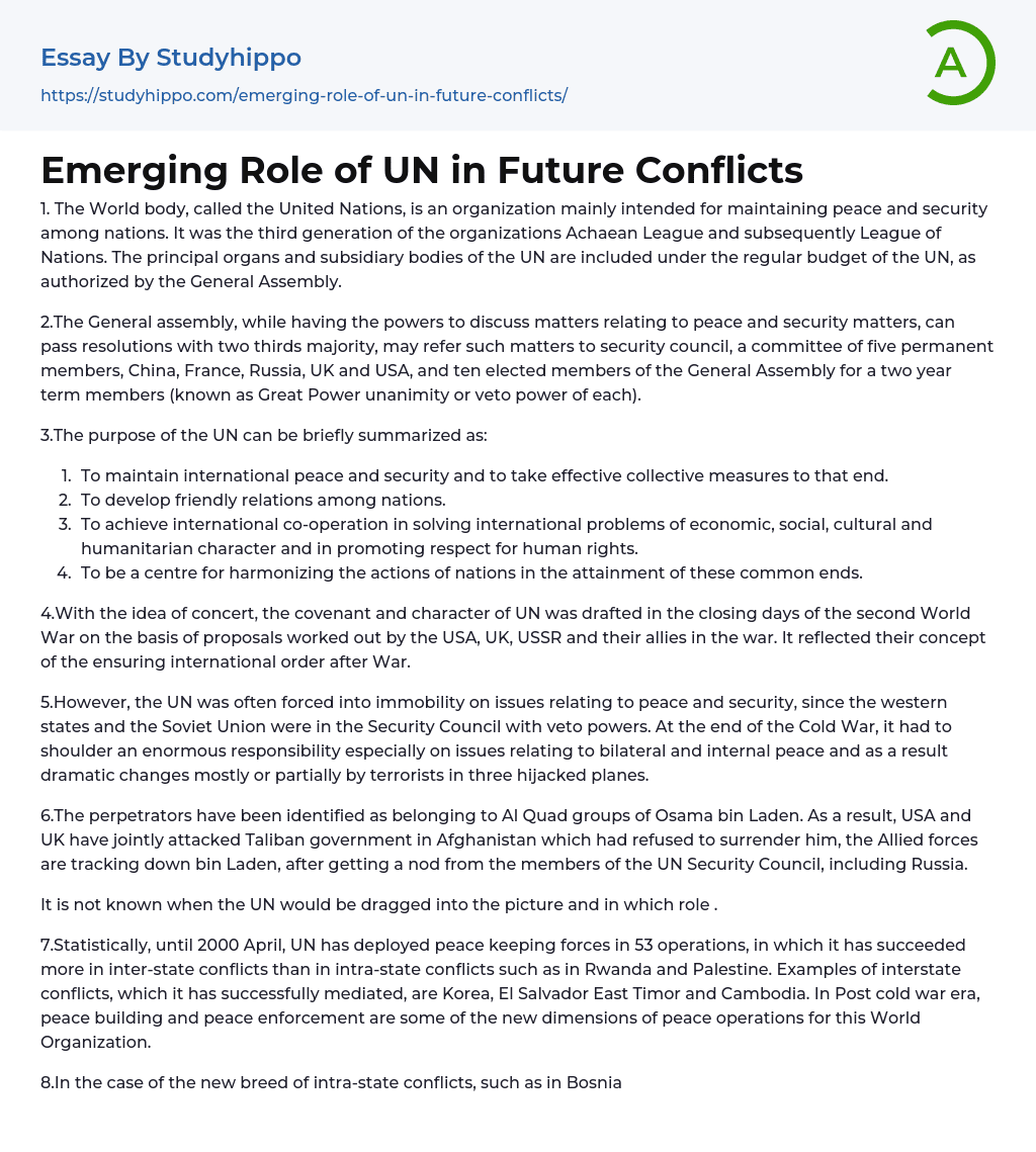 Emerging Role of UN in Future Conflicts Essay Example