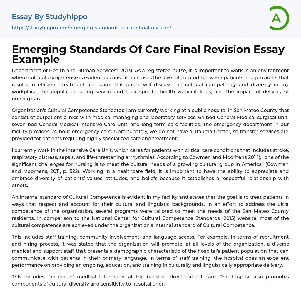 Emerging Standards Of Care Final Revision Essay Example
