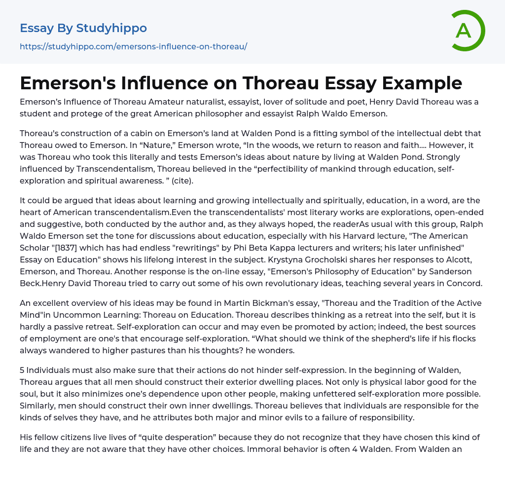 Emerson’s Influence on Thoreau Essay Example
