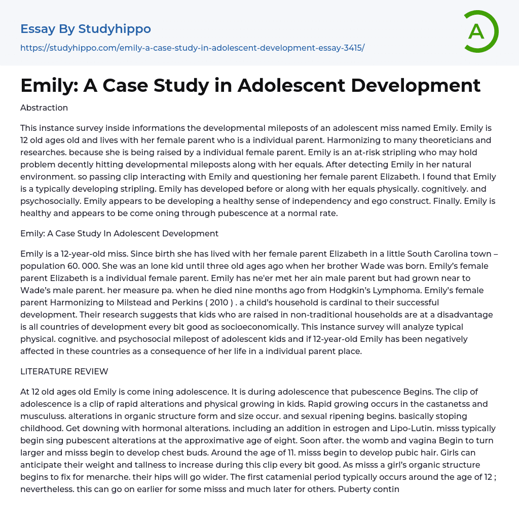Emily: A Case Study in Adolescent Development Essay Example