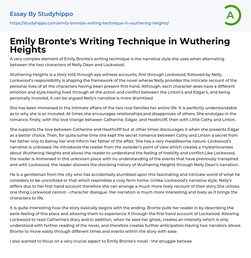 Emily Bronte’s Writing Technique in Wuthering Heights Essay Example