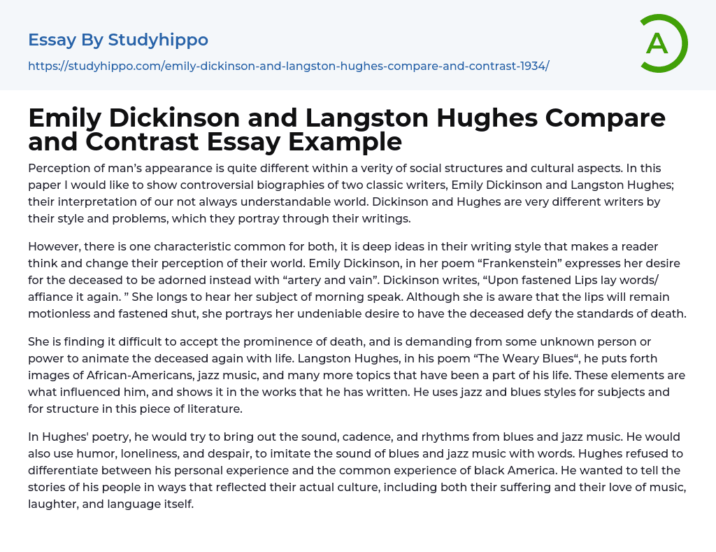 Emily Dickinson and Langston Hughes Compare and Contrast Essay Example