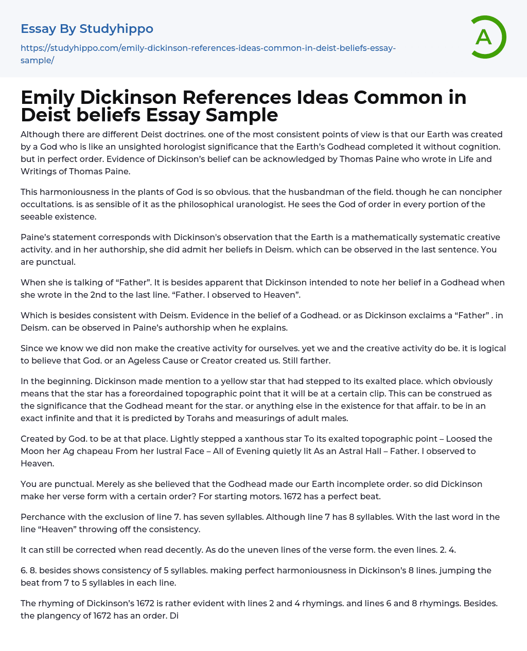 Emily Dickinson References Ideas Common in Deist beliefs Essay Sample