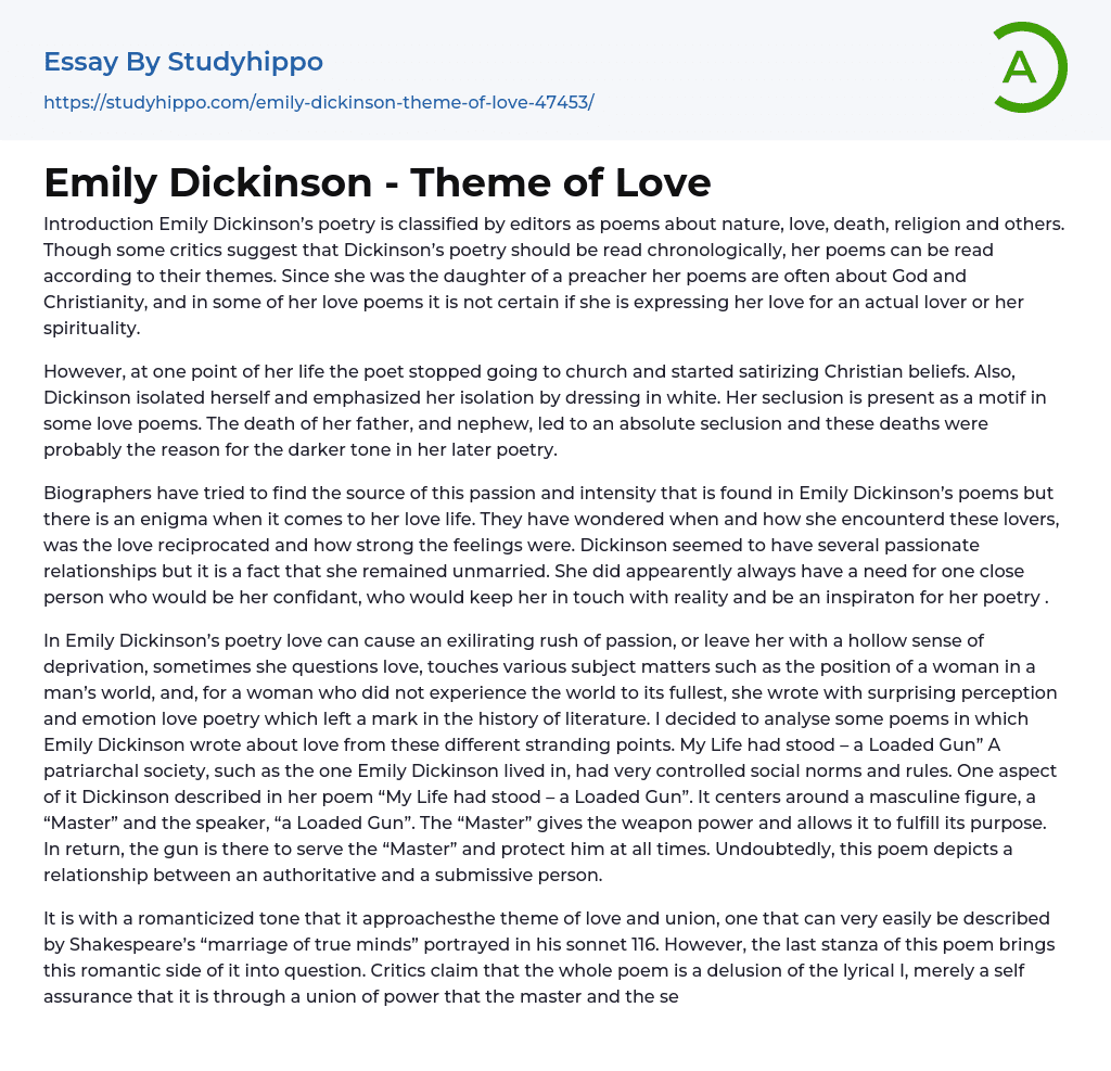 Emily Dickinson – Theme of Love Essay Example