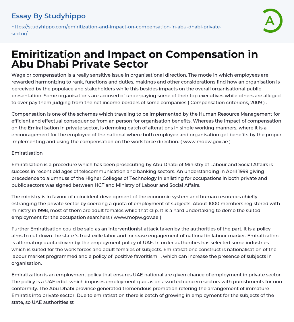 Emiritization and Impact on Compensation in Abu Dhabi Private Sector Essay Example