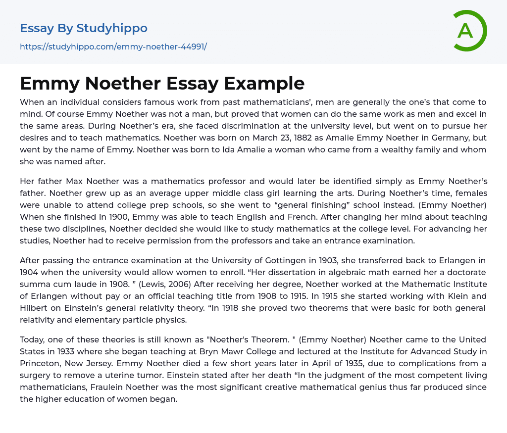 Emmy Noether Essay Example