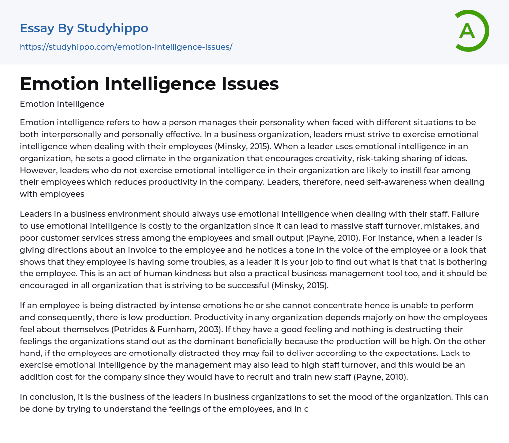 Emotion Intelligence Issues Essay Example