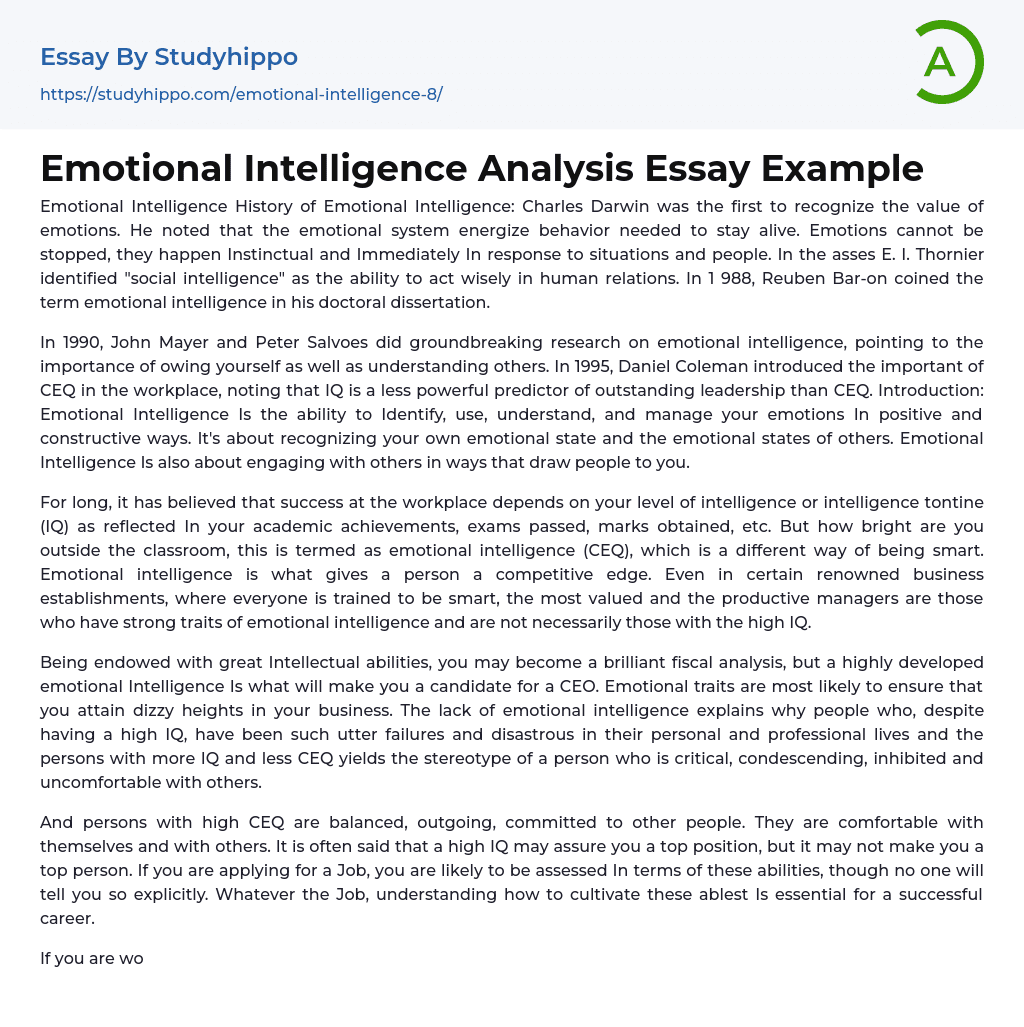 Emotional Intelligence Analysis Essay Example