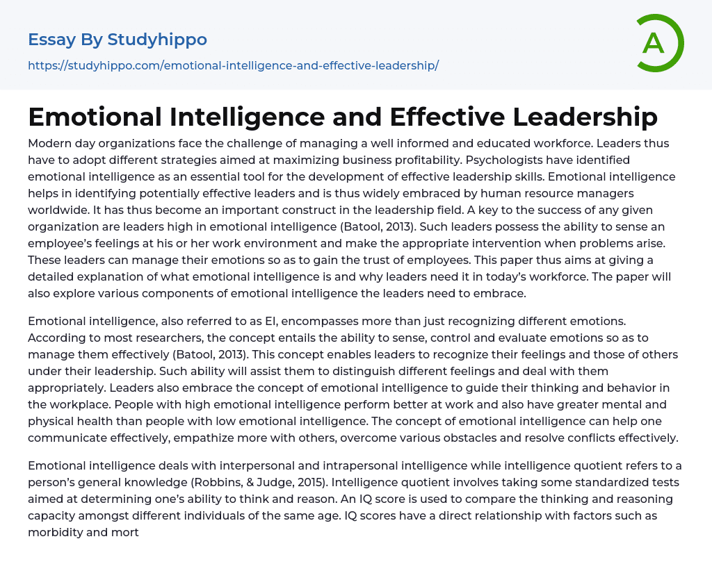 Emotional Intelligence and Effective Leadership Essay Example