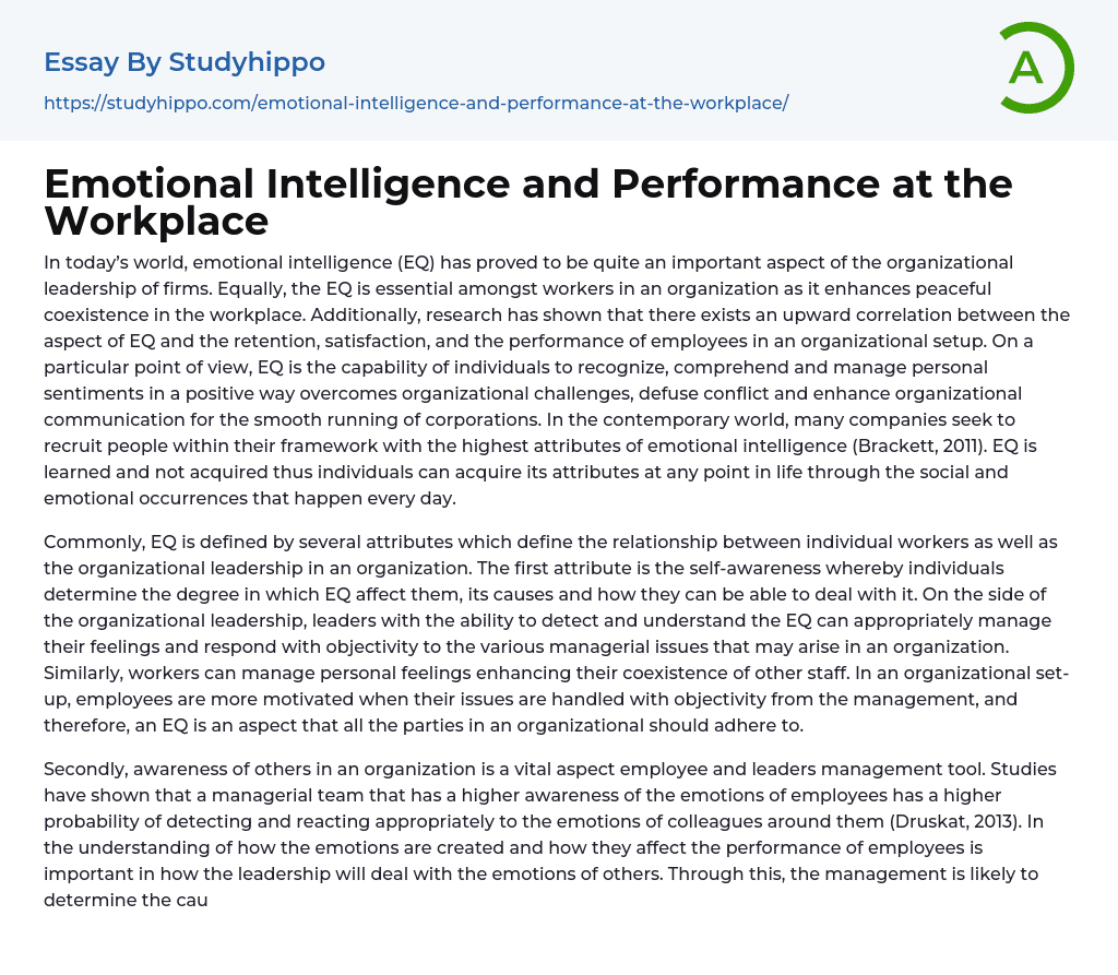 Emotional Intelligence and Performance at the Workplace Essay Example