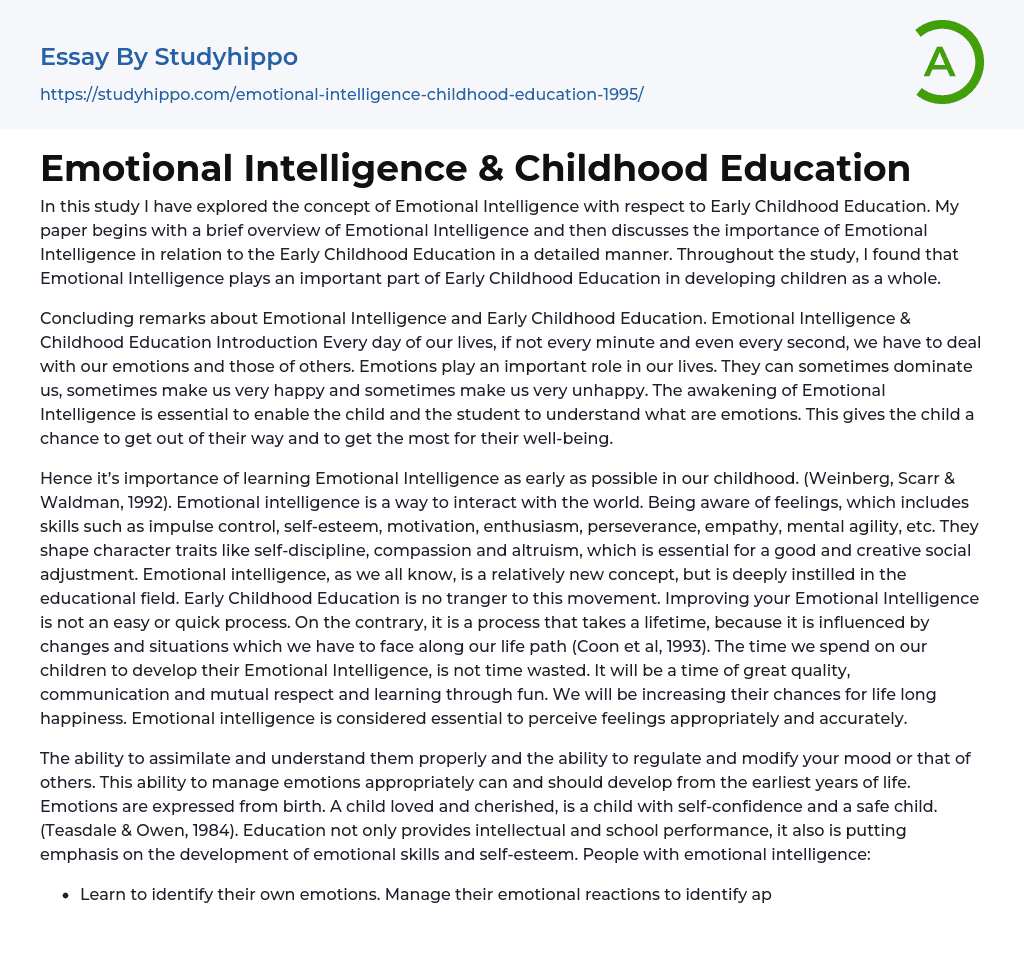 Emotional Intelligence & Childhood Education Essay Example