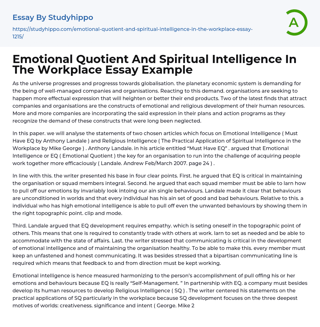 Emotional Quotient And Spiritual Intelligence In The Workplace Essay Example