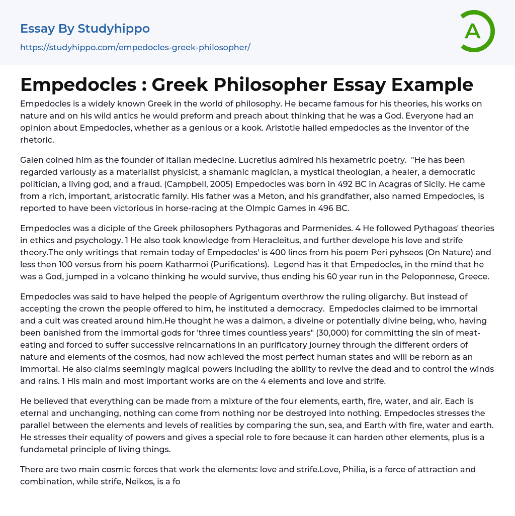 Empedocles : Greek Philosopher Essay Example