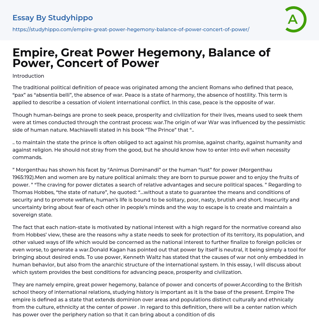 Empire, Great Power Hegemony, Balance of Power, Concert of Power Essay Example