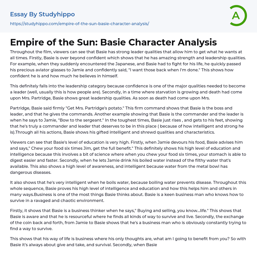 Empire of the Sun: Basie Character Analysis Essay Example