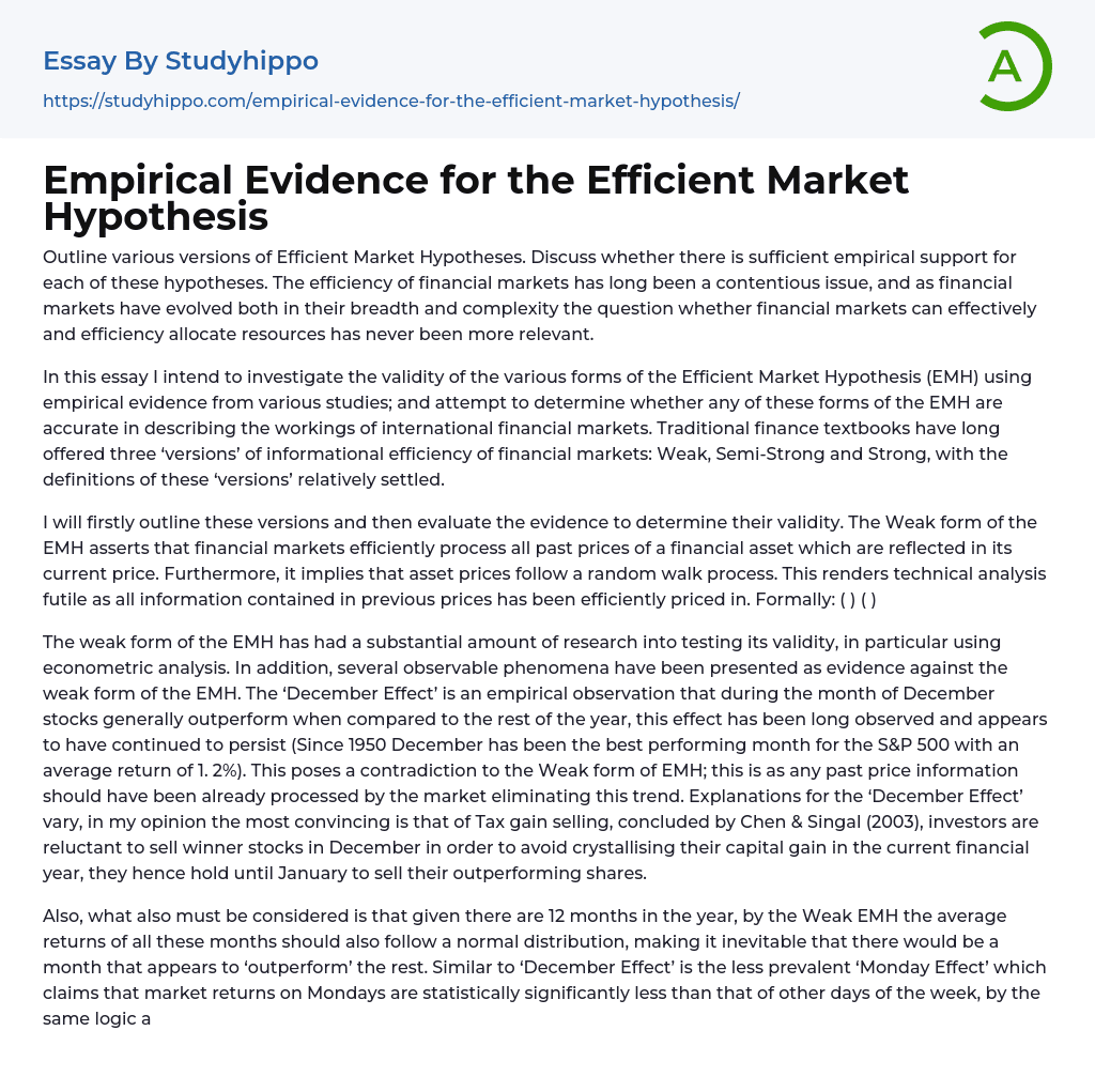 Empirical Evidence for the Efficient Market Hypothesis Essay Example