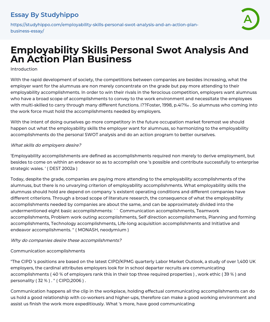 Employability Skills Personal Swot Analysis And An Action Plan Business Essay Example
