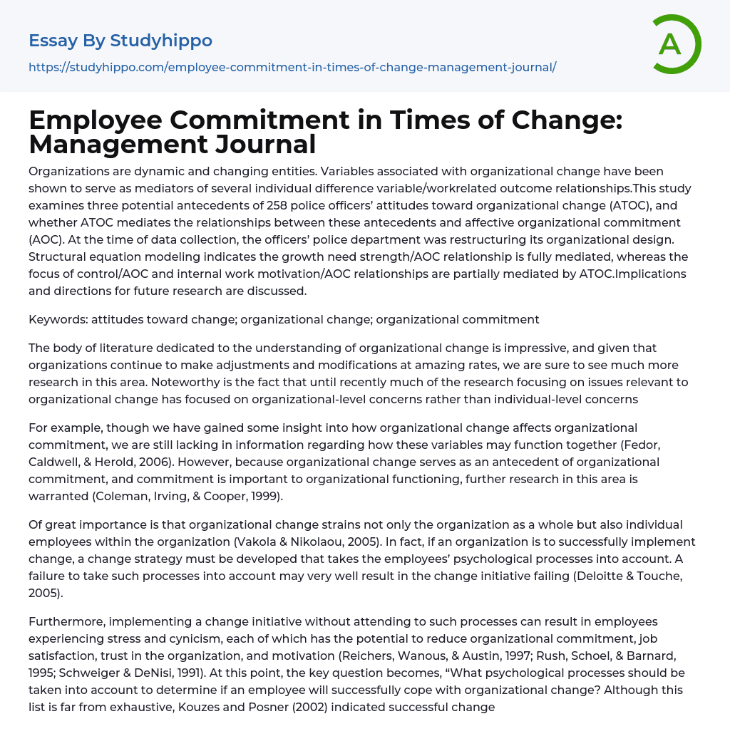 Employee Commitment in Times of Change: Management Journal Essay Example