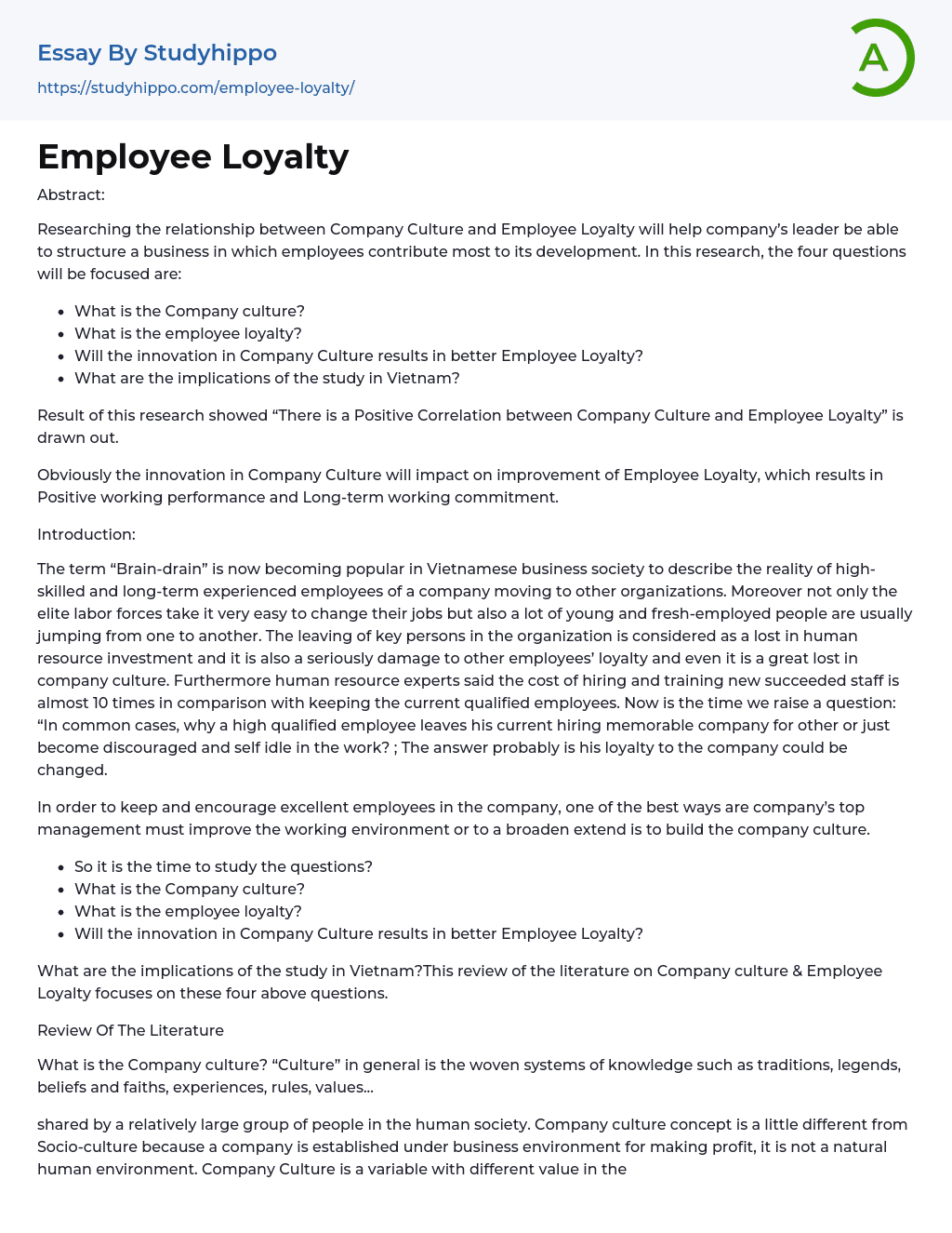 Employee Loyalty Essay Example