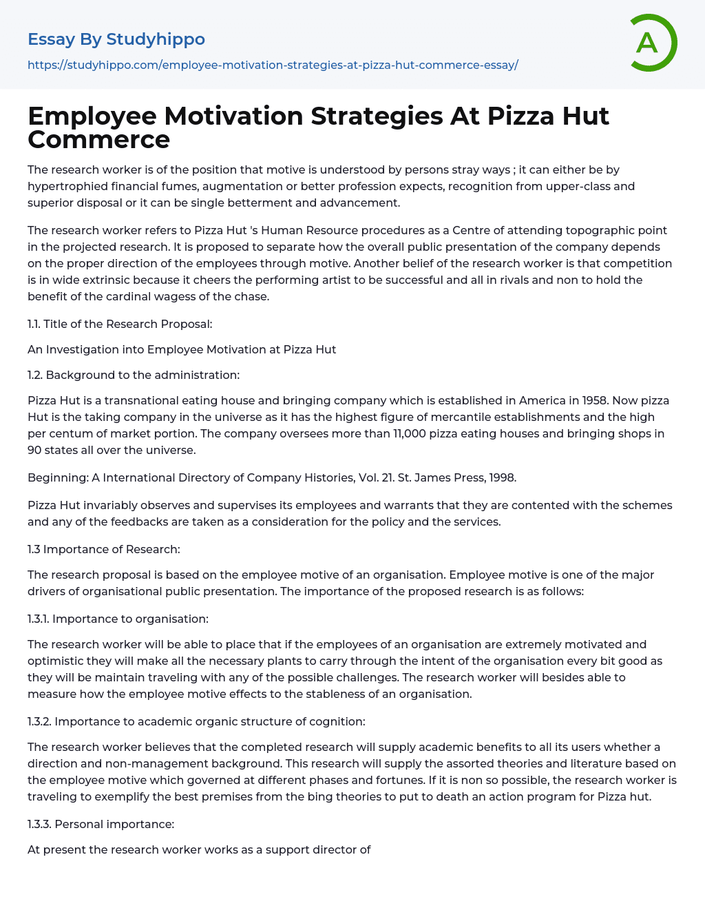 Employee Motivation Strategies At Pizza Hut Commerce Essay Example