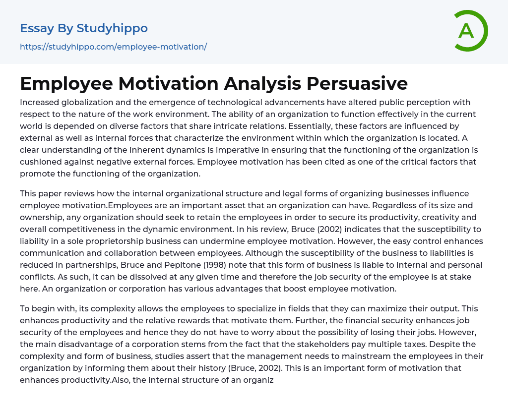 Employee Motivation Analysis Persuasive Essay Example
