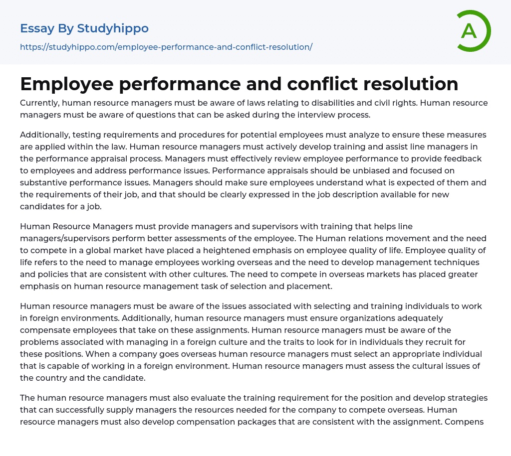 Employee performance and conflict resolution Essay Example