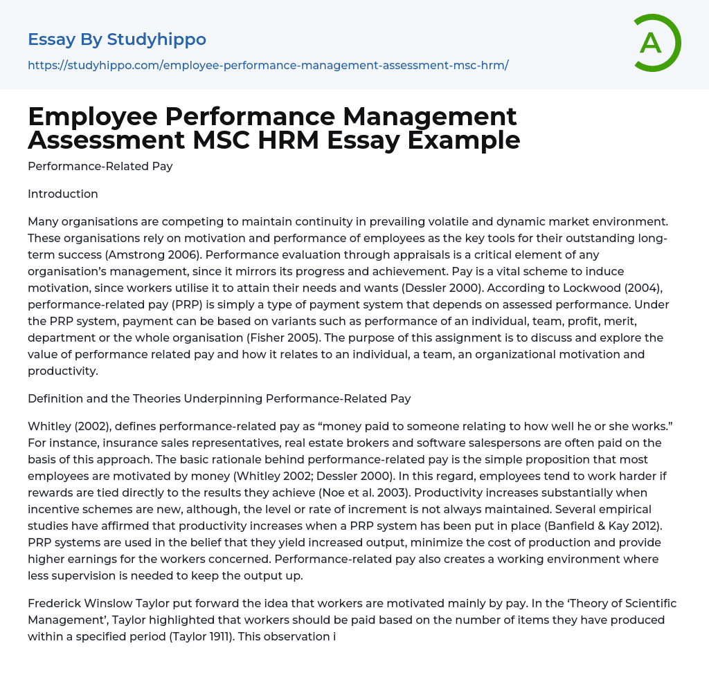 Employee Performance Management Assessment MSC HRM Essay Example