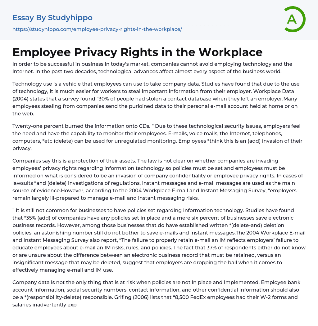 Employee Privacy Rights in the Workplace Essay Example