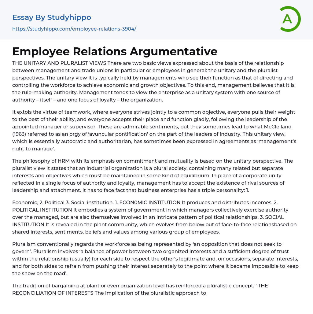 Employee Relations Argumentative Essay Example