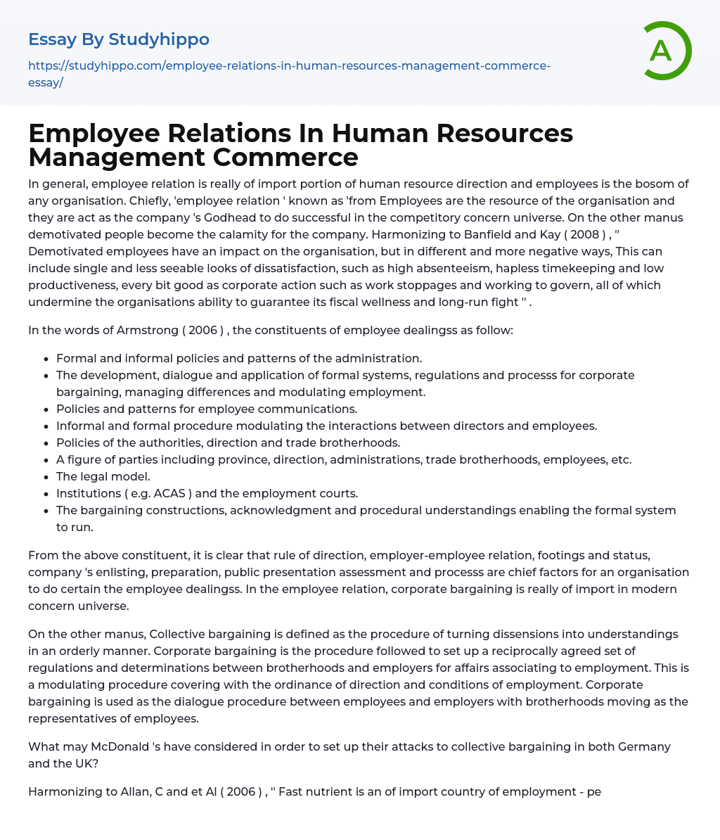 Employee Relations In Human Resources Management Commerce Essay Example