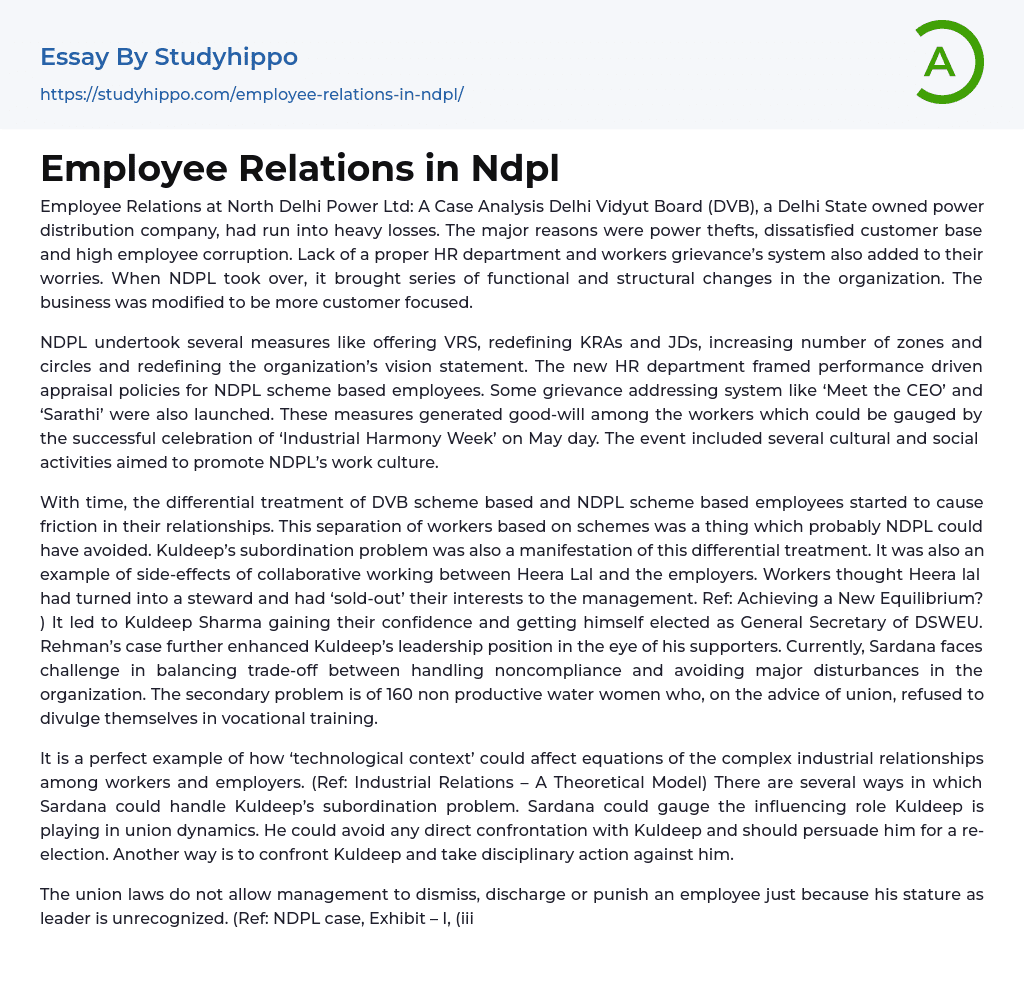 Employee Relations in Ndpl Essay Example