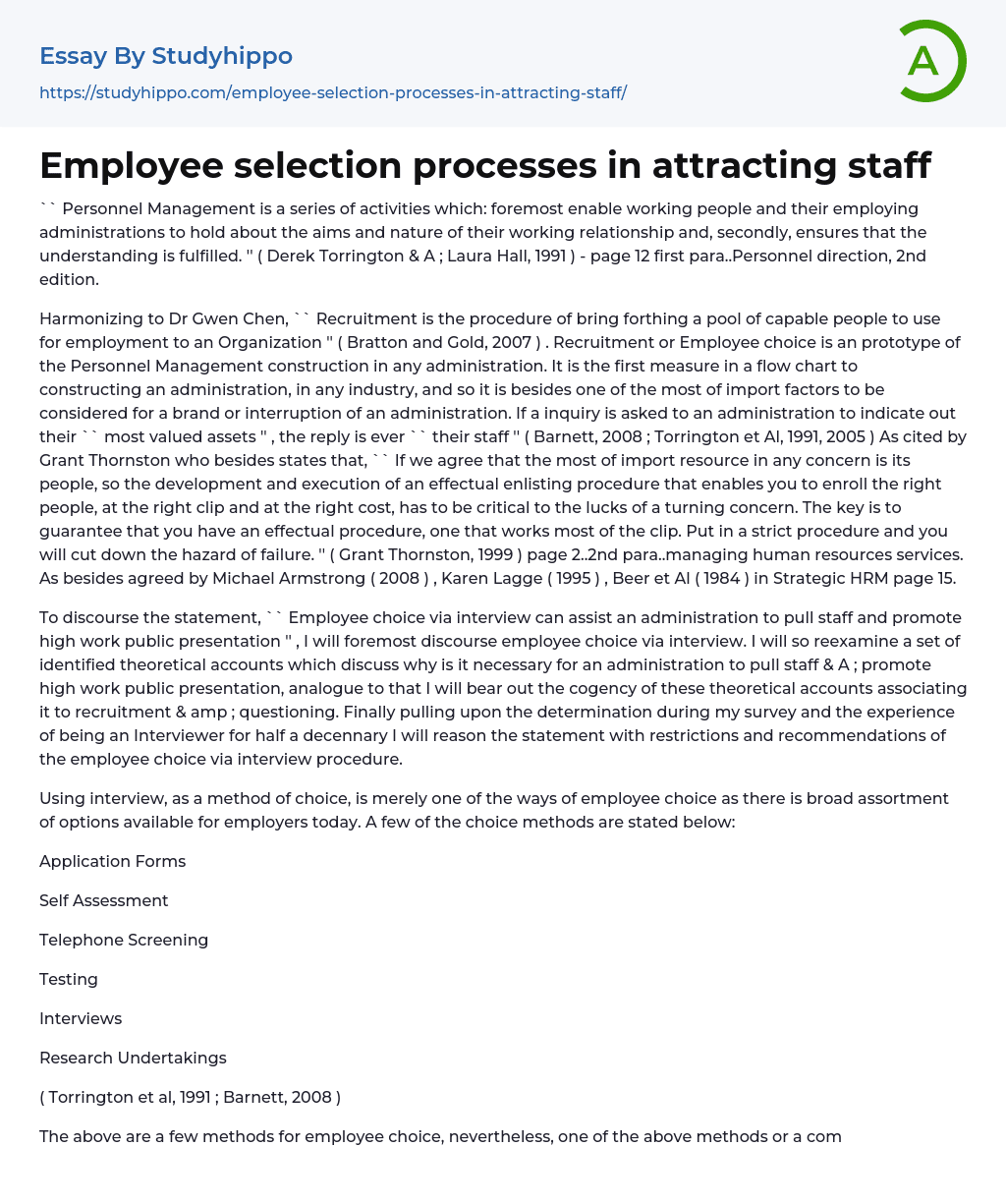 Employee selection processes in attracting staff Essay Example