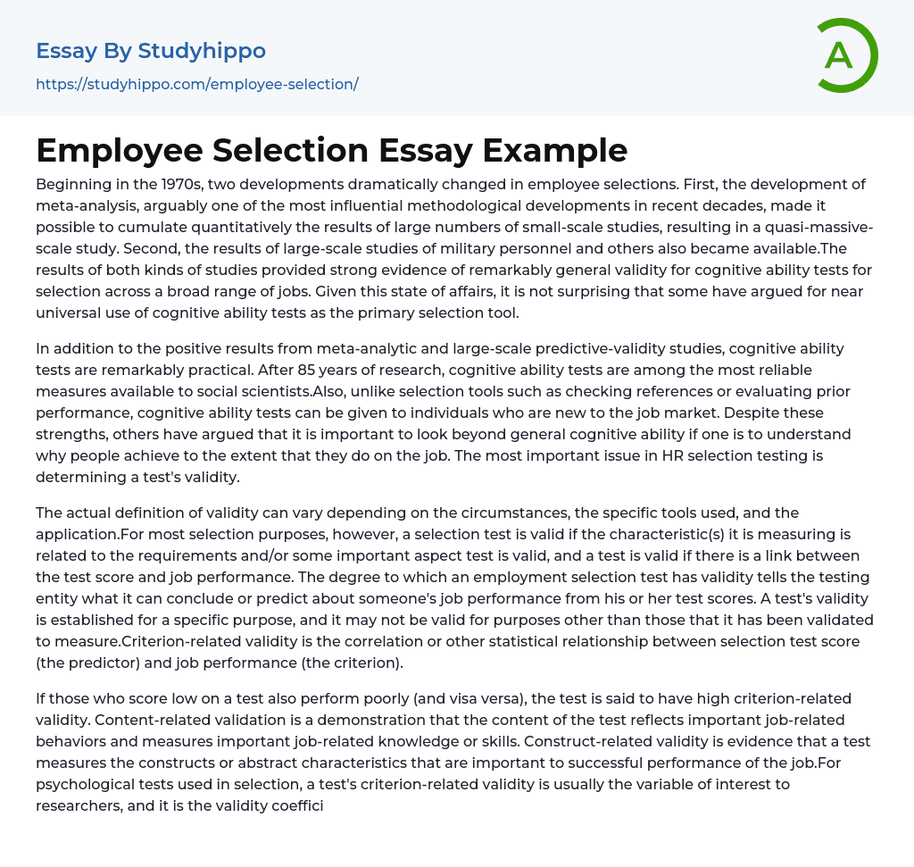 Employee Selection Essay Example