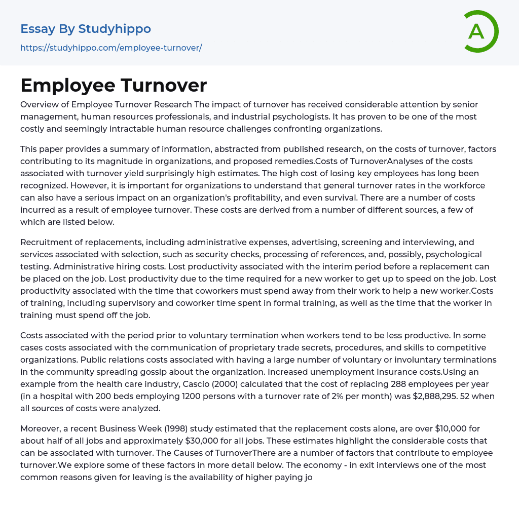 Employee Turnover Essay Example
