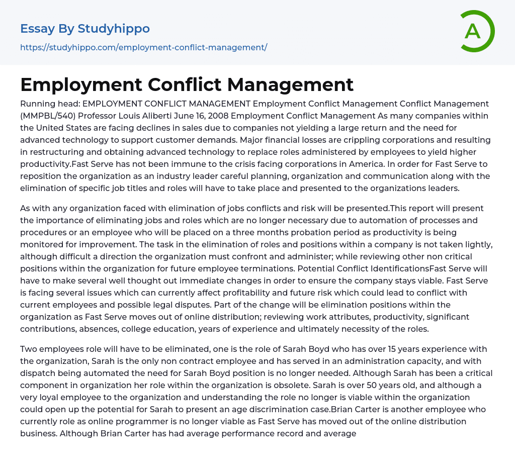 Employment Conflict Management Essay Example