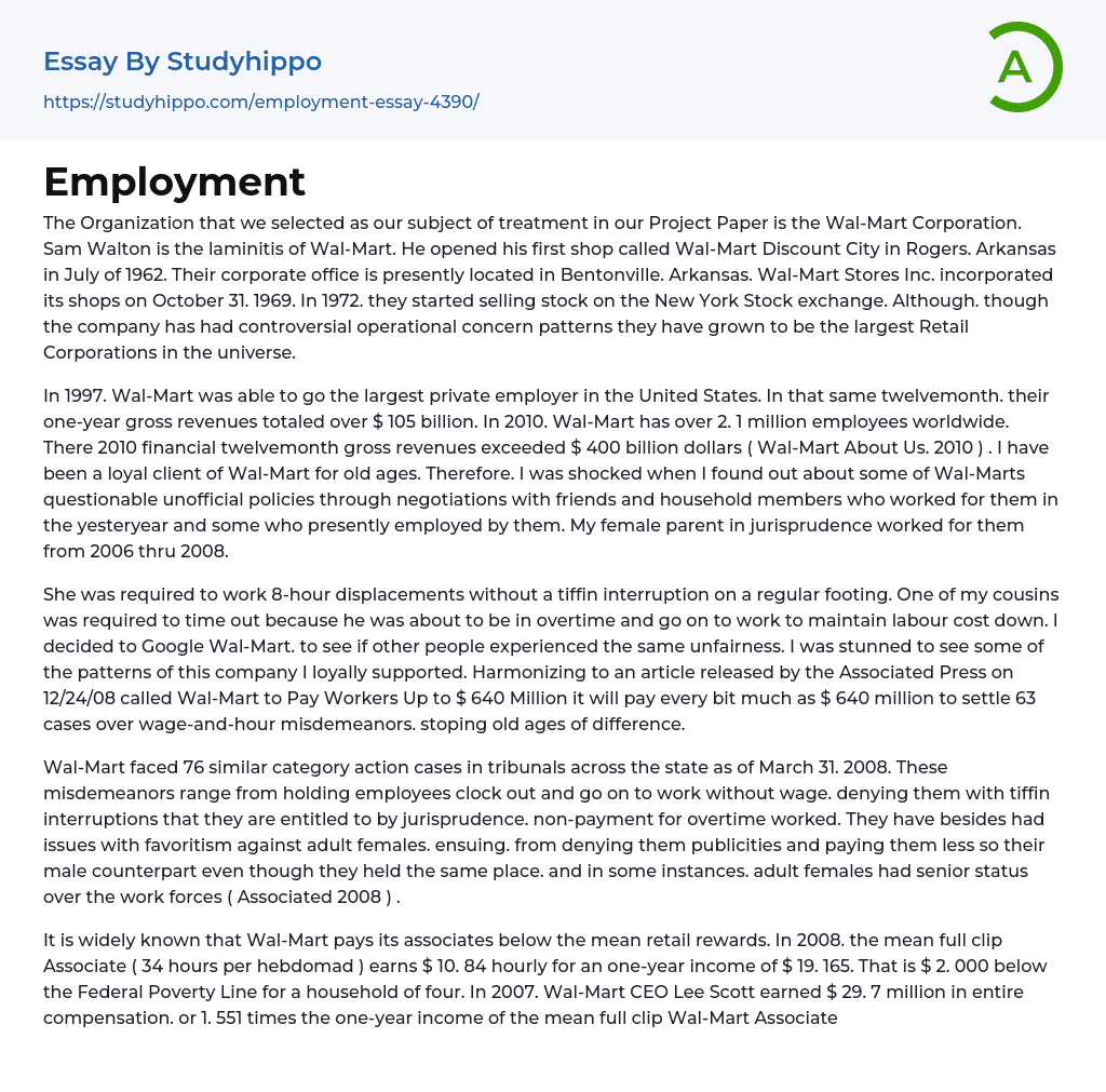 Employment Essay Example