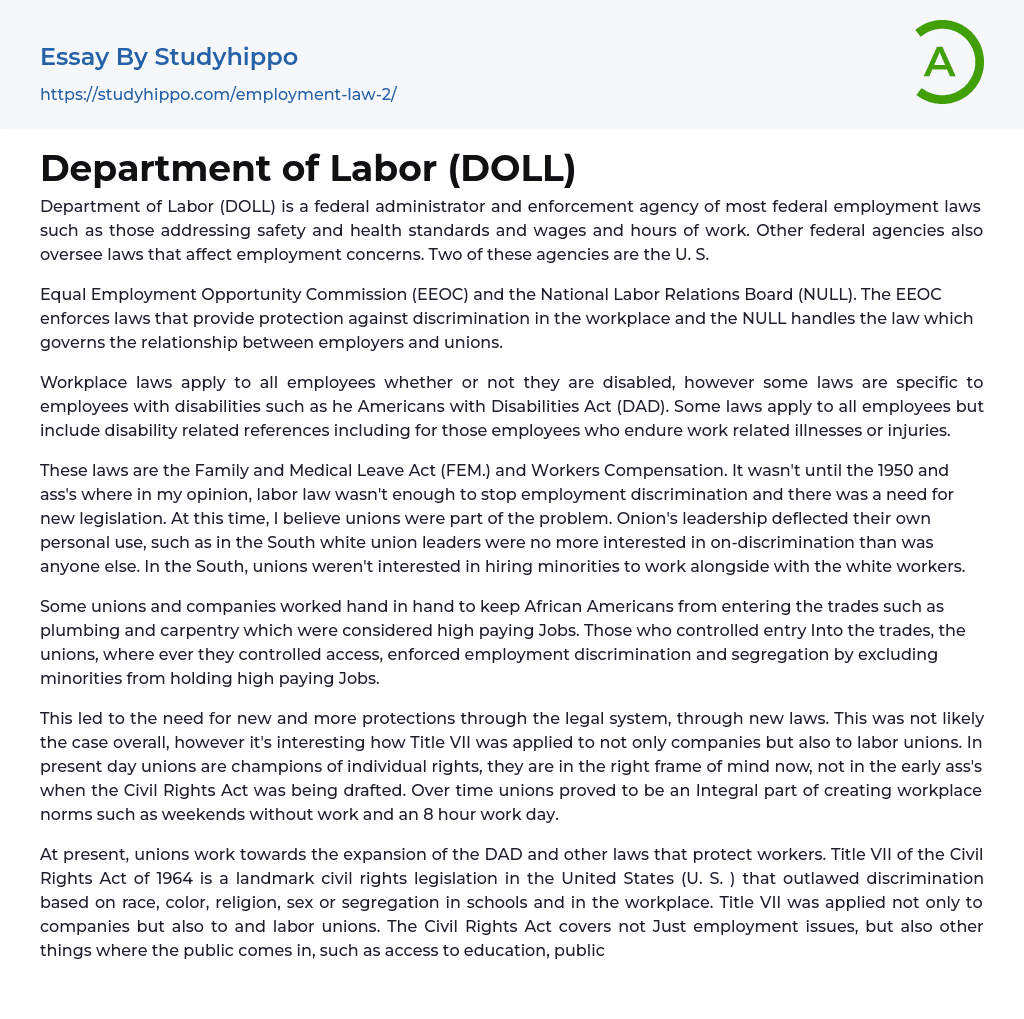 Department of Labor (DOLL) Essay Example