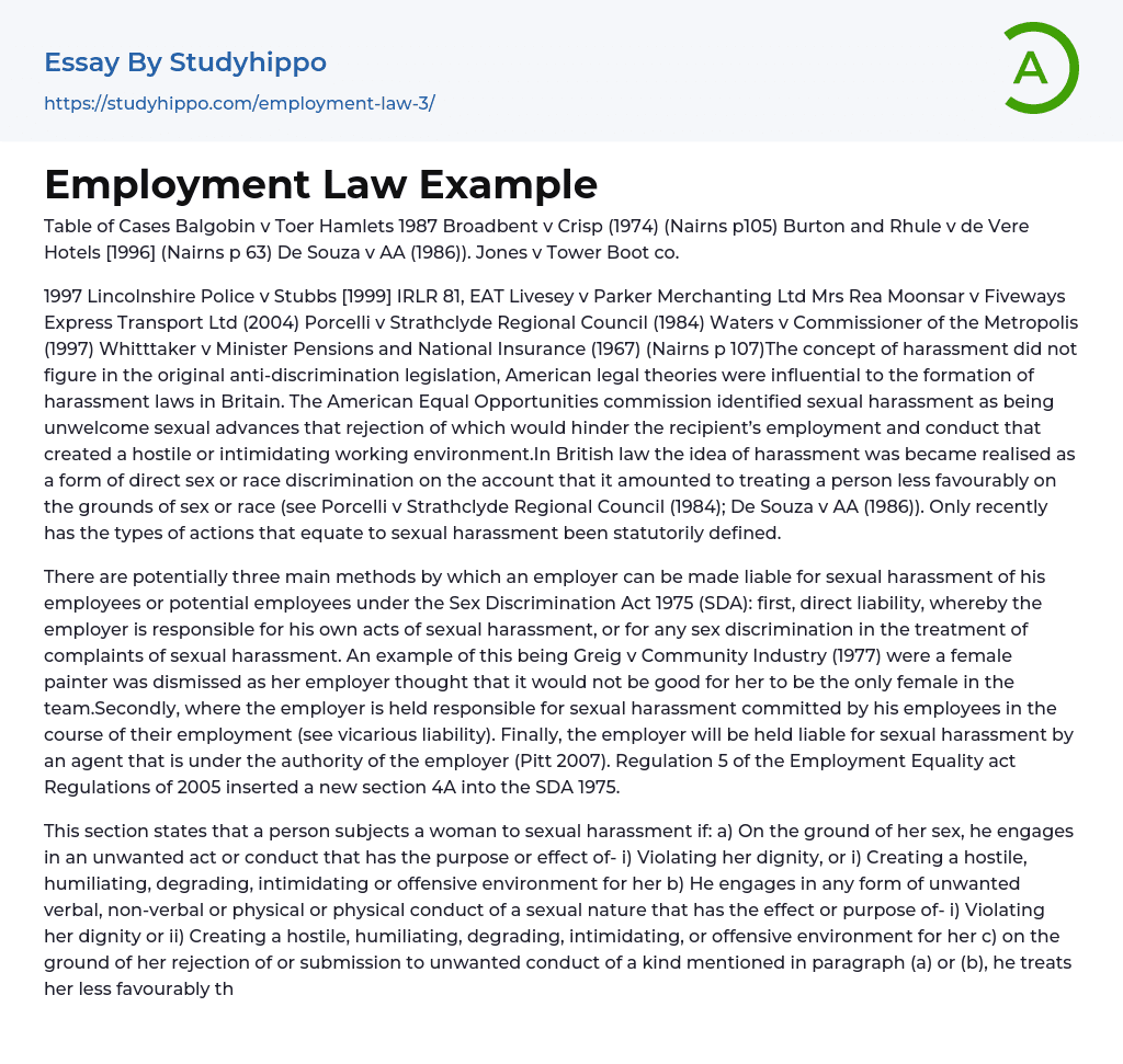 Employment Law Example Essay Example