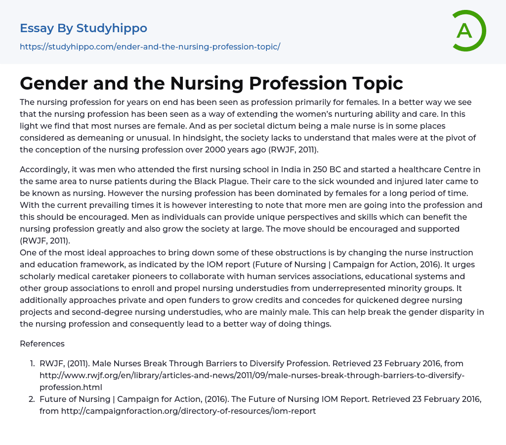Gender and the Nursing Profession Topic Essay Example