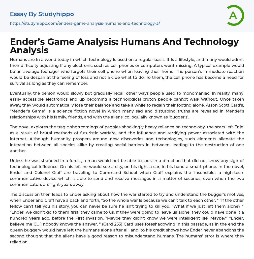 Ender’s Game Analysis: Humans And Technology Analysis Essay Example
